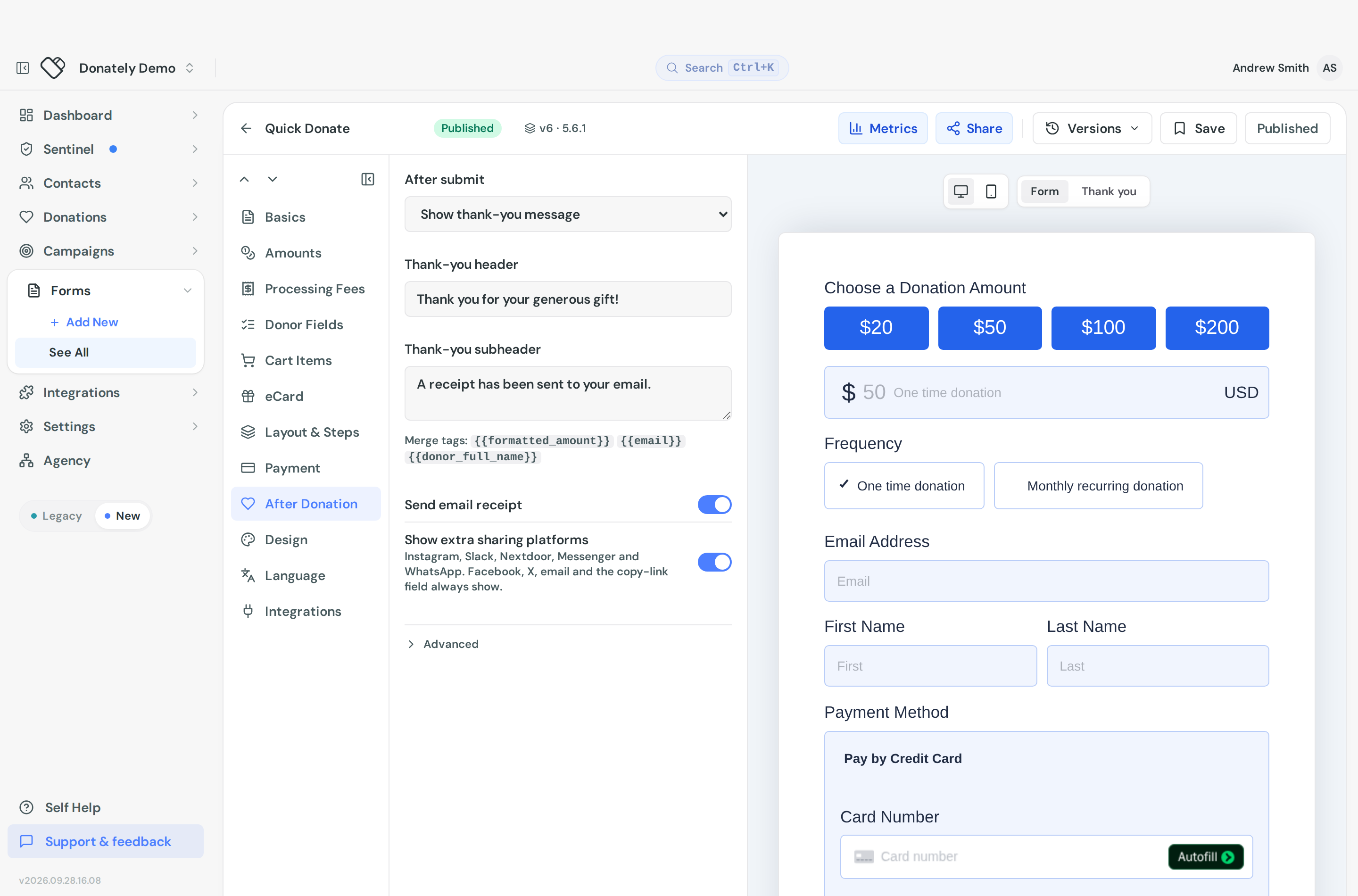 The After Donation section of the form builder