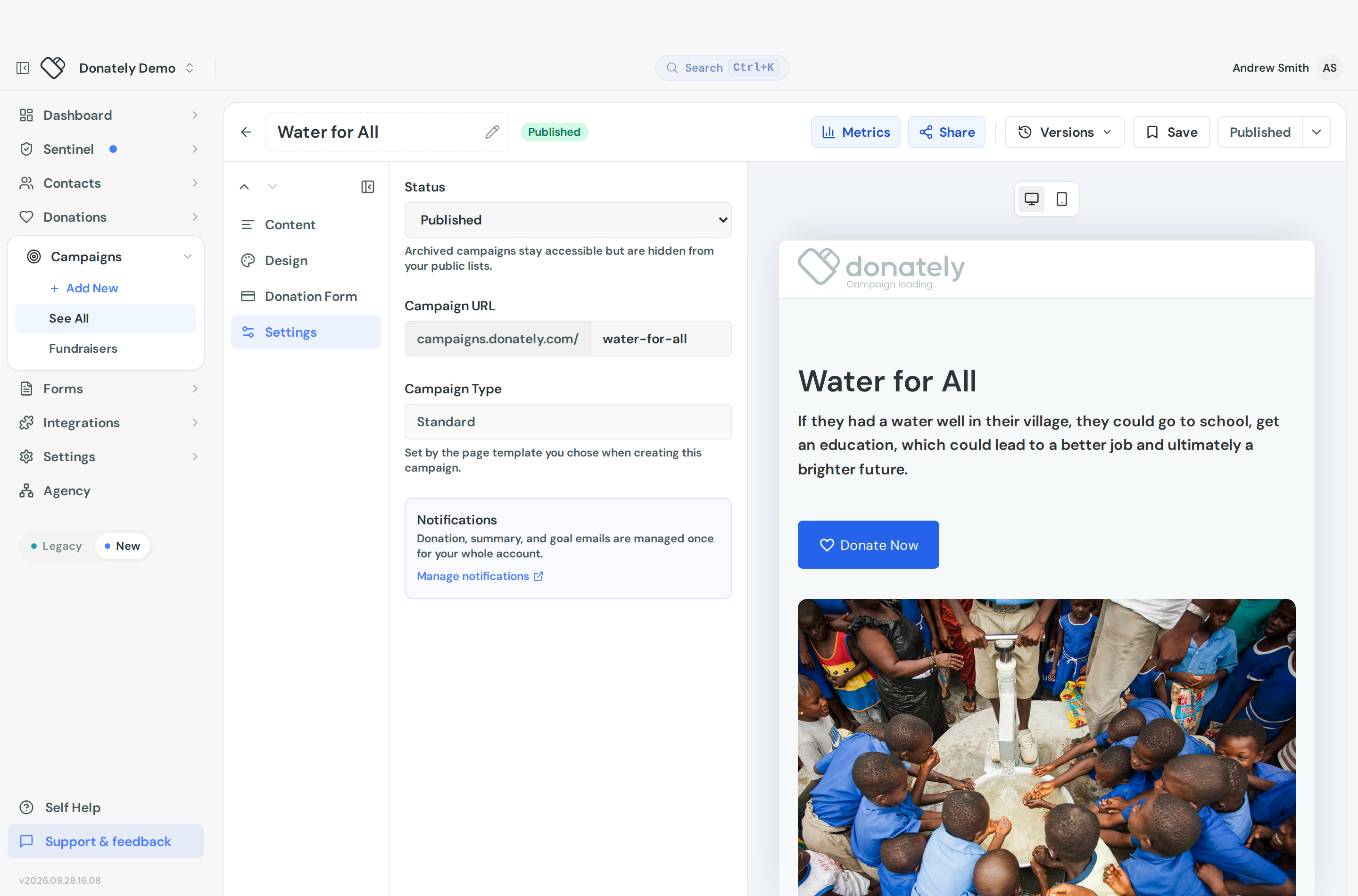 The campaign builder Settings section showing the Status dropdown set to Published