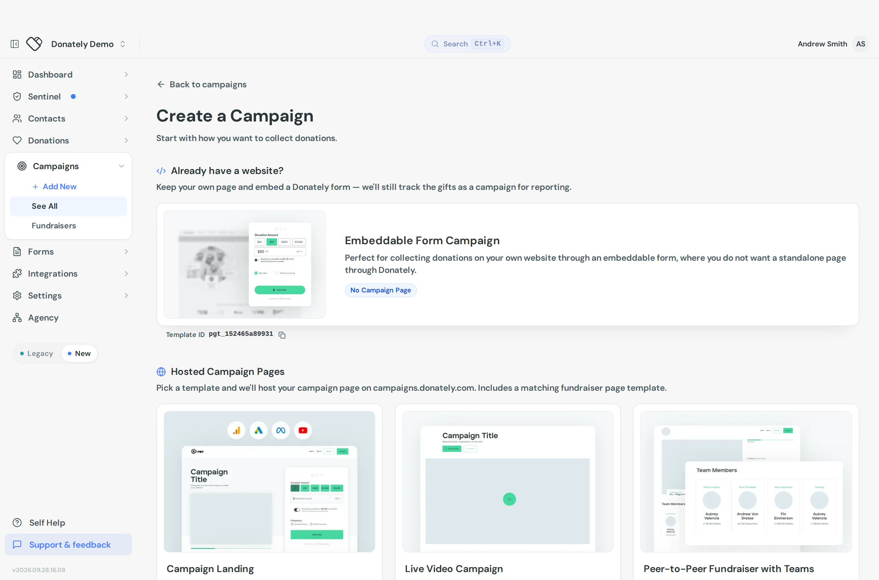 The Create a Campaign screen, split into an Already have a website? section holding the earmark template and a Hosted Campaign Pages grid