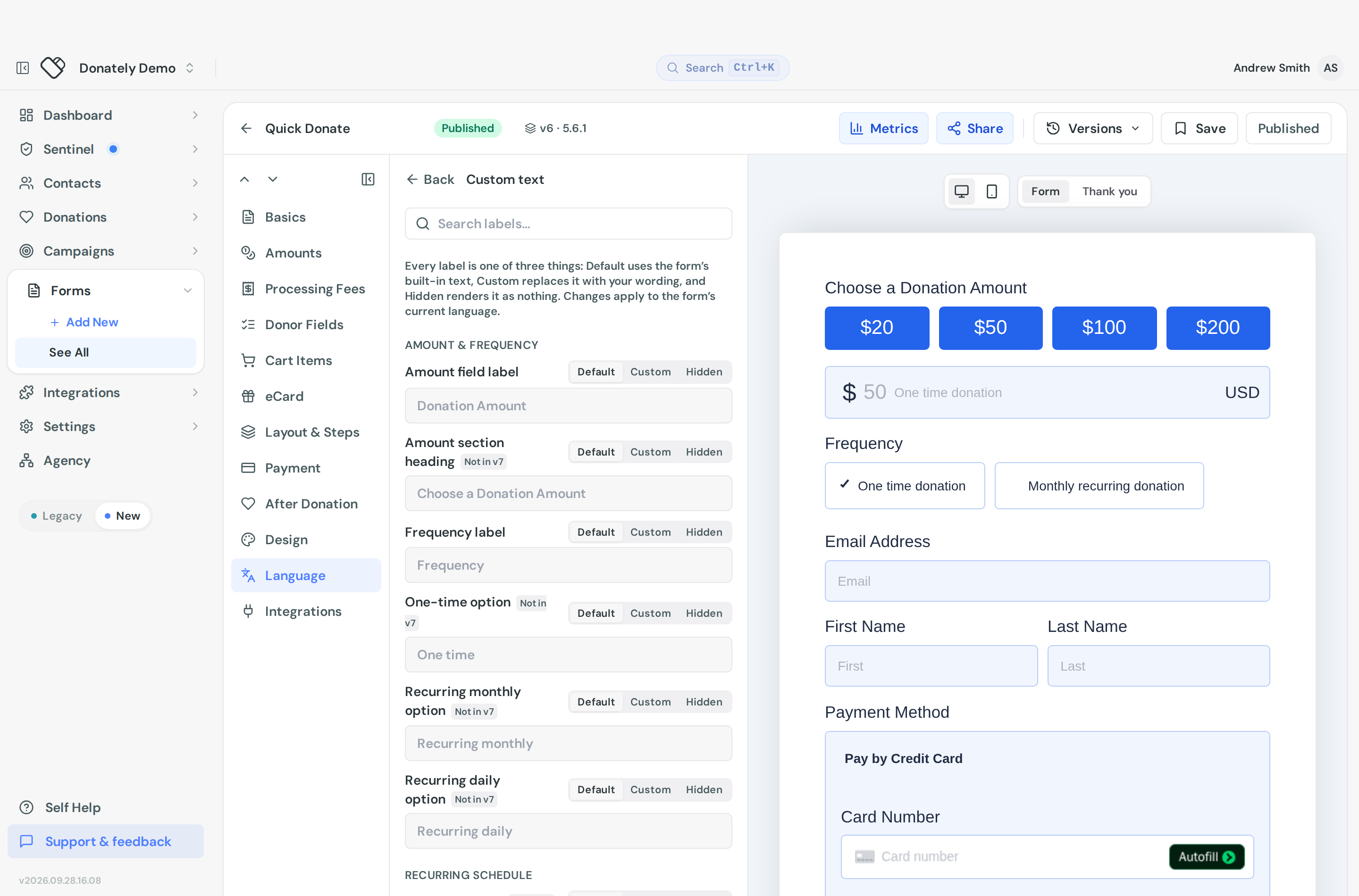 The Custom text editor listing form labels, each with Default, Custom and Hidden options