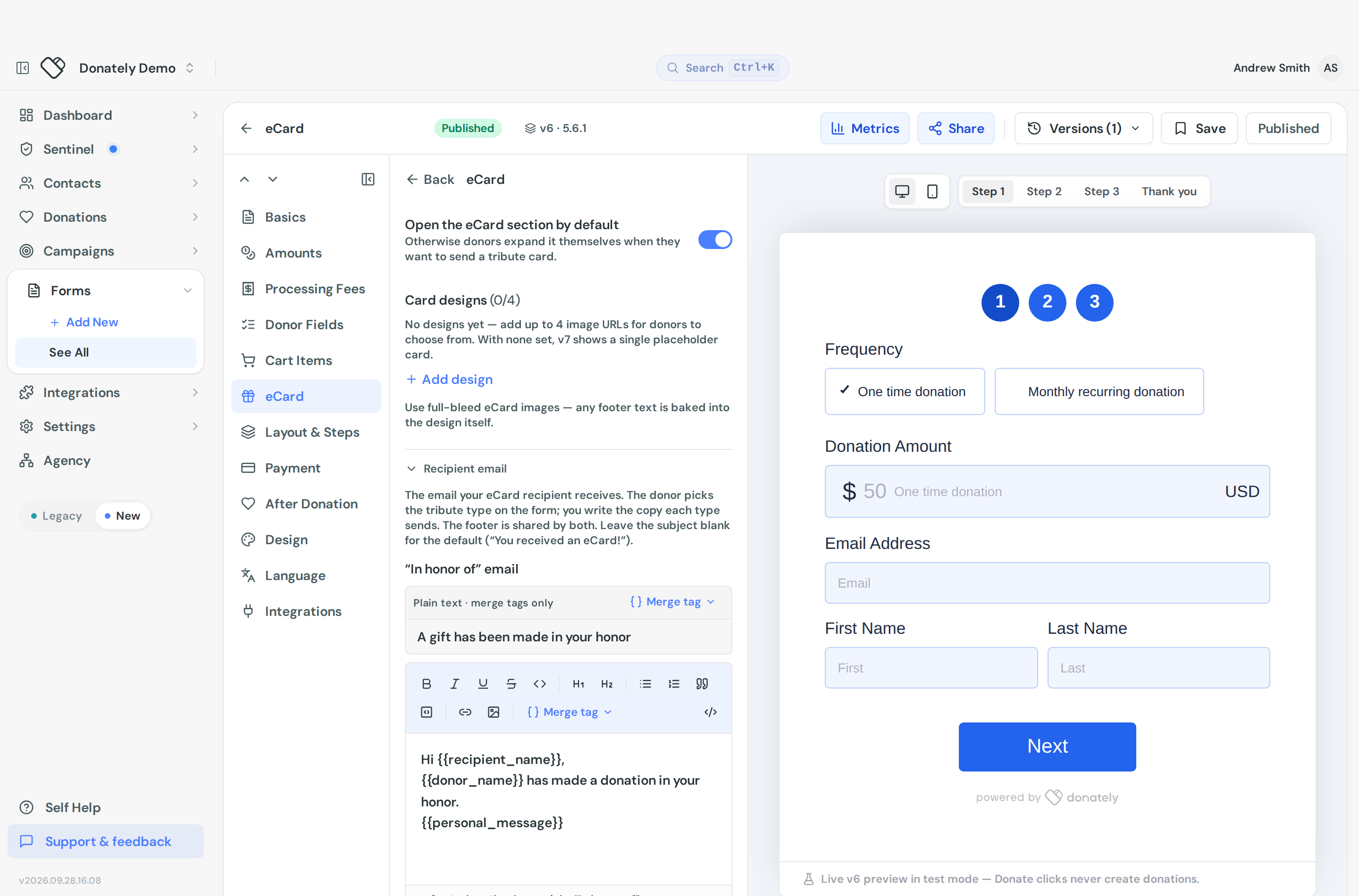 The Configure eCard editor showing card designs and the in honor of, in memory of and shared footer email editors