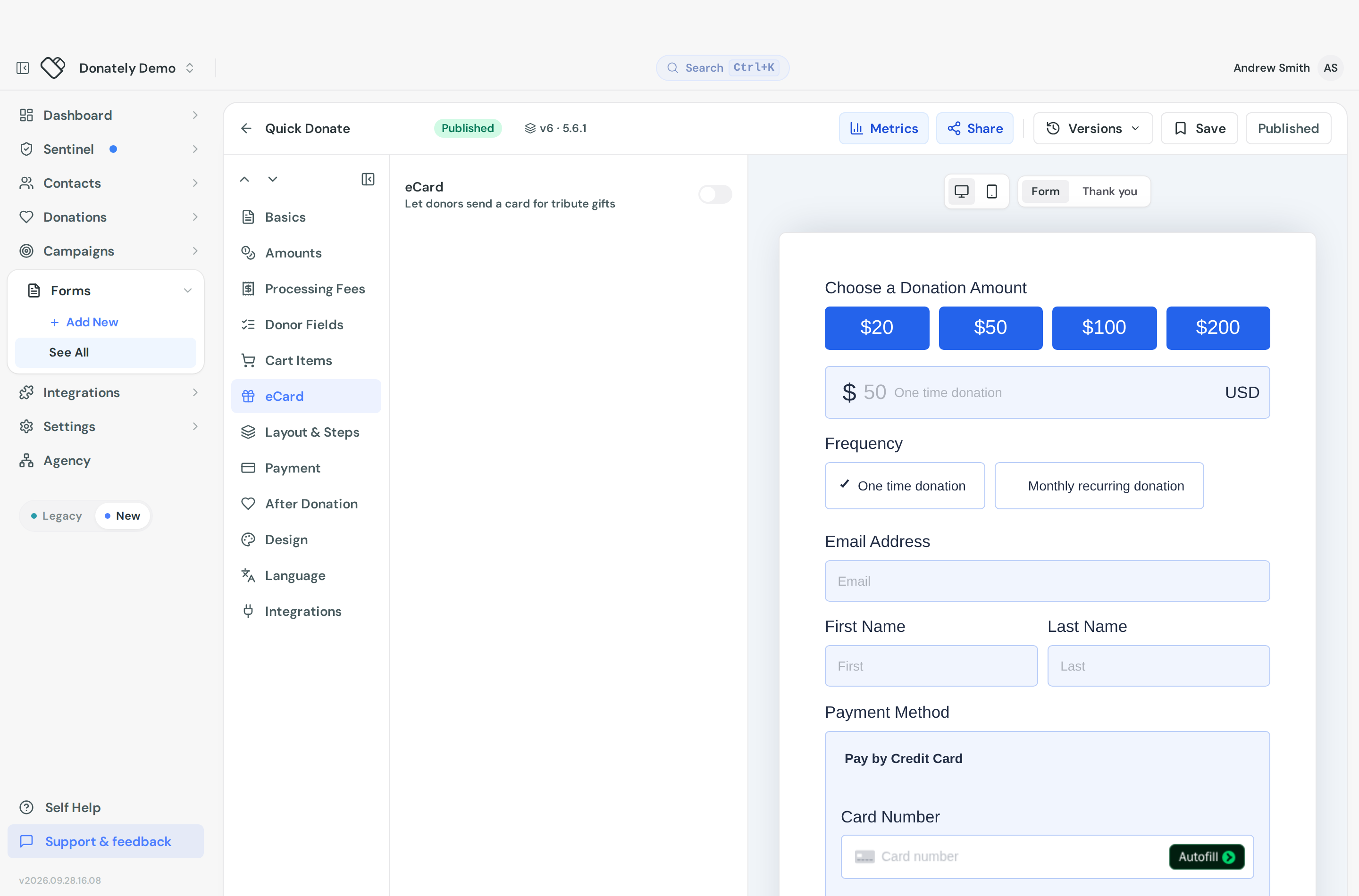 The eCard section of the form builder with the eCard toggle and the Configure eCard row