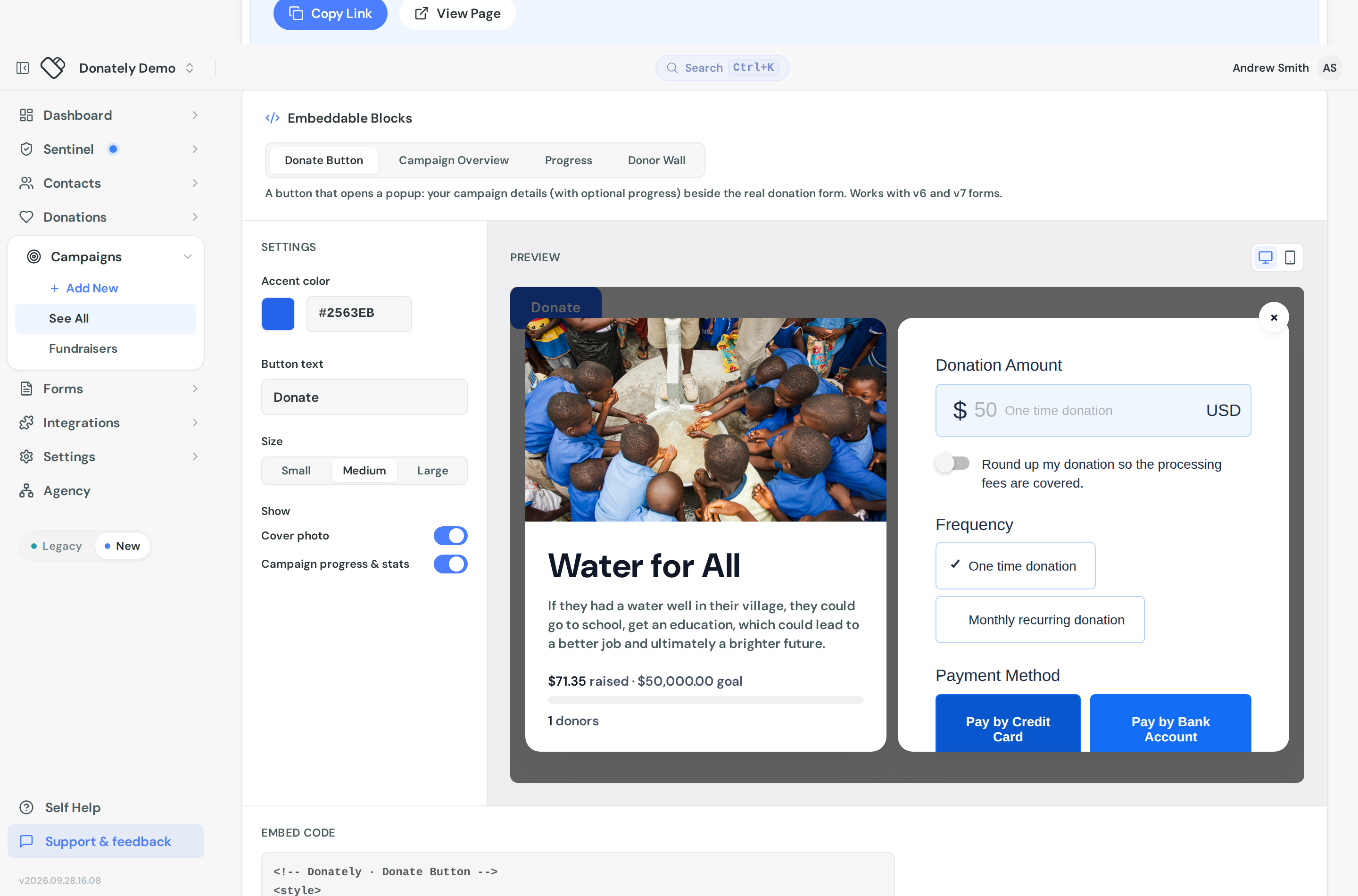 The Donate Button tab of Embeddable Blocks, showing the button text, accent colour and size settings with a popup preview