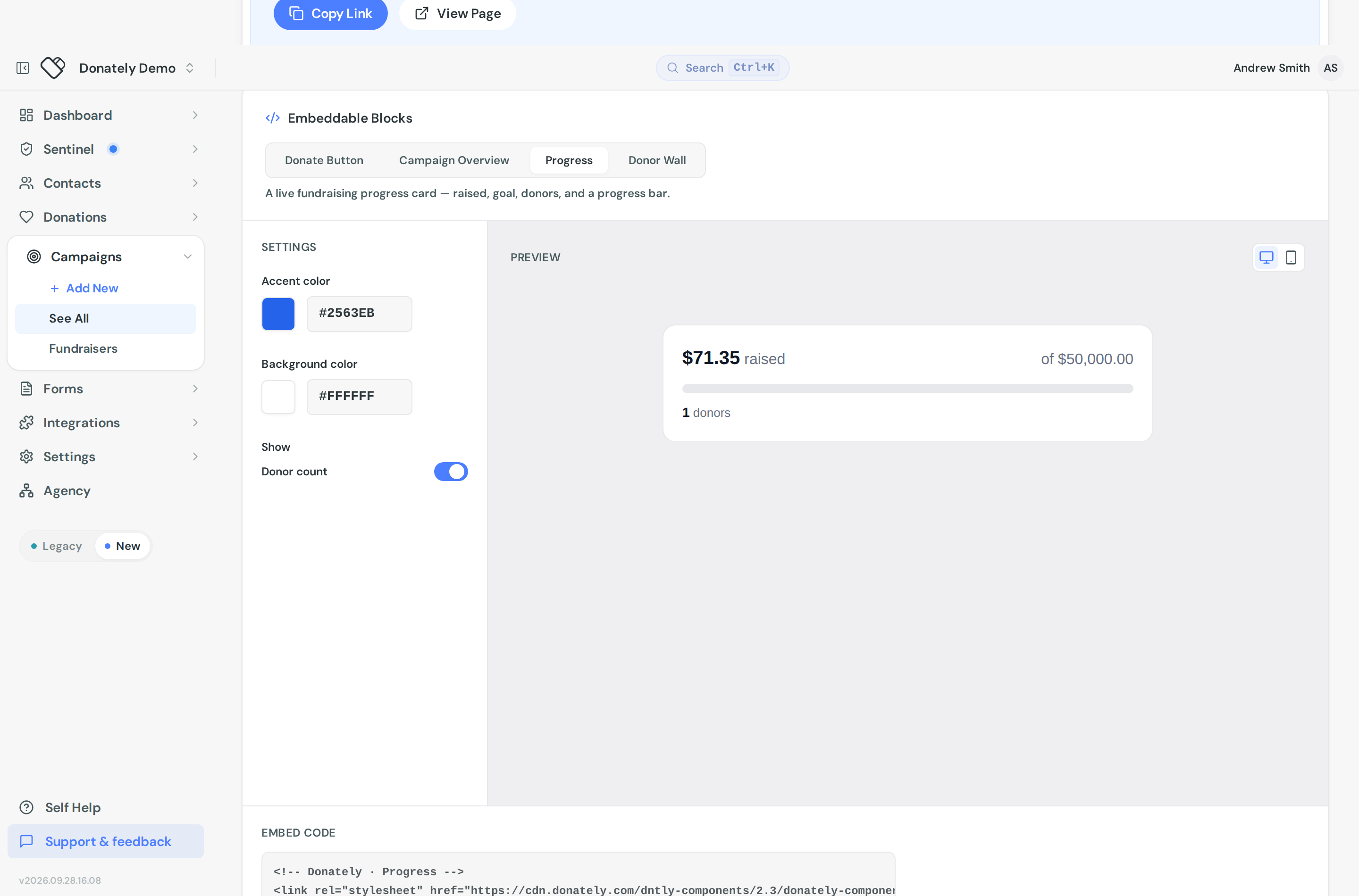 The Progress tab of Embeddable Blocks, with accent and background colour settings beside a live preview