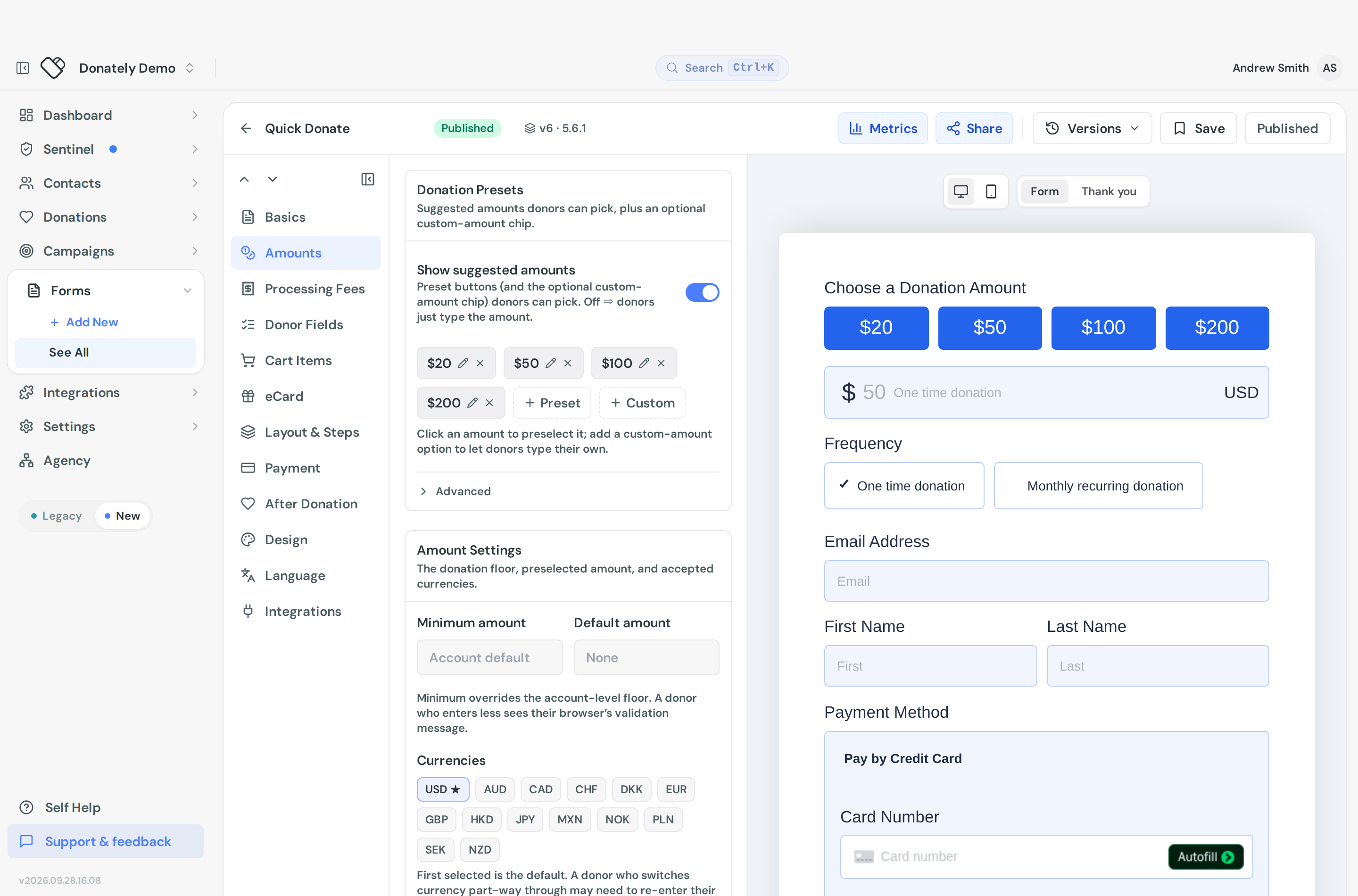 The Amounts section of the form builder showing the Giving Frequencies card