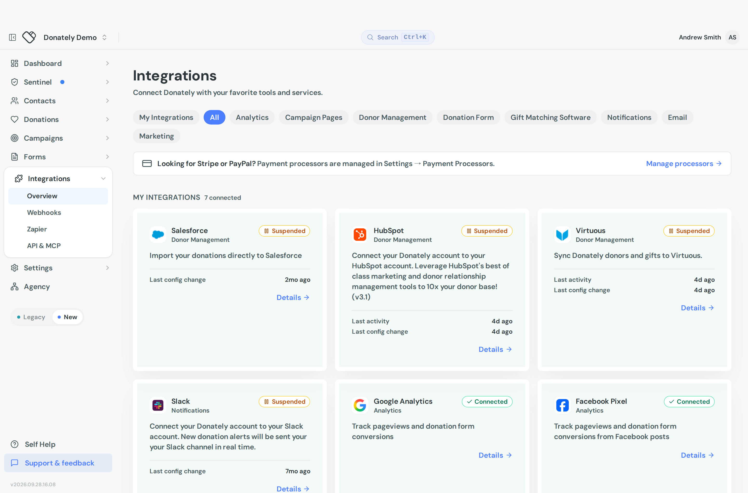 The Integrations page listing the available native integrations and category filters