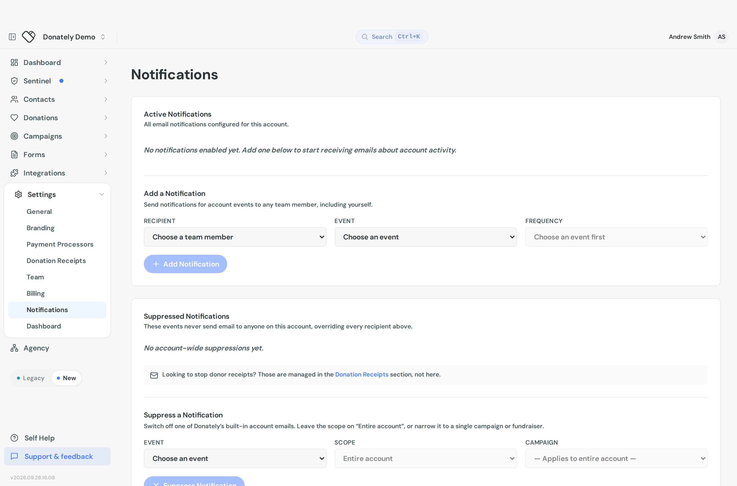 The Notifications settings page showing Active Notifications, Add a Notification and Suppressed Notifications