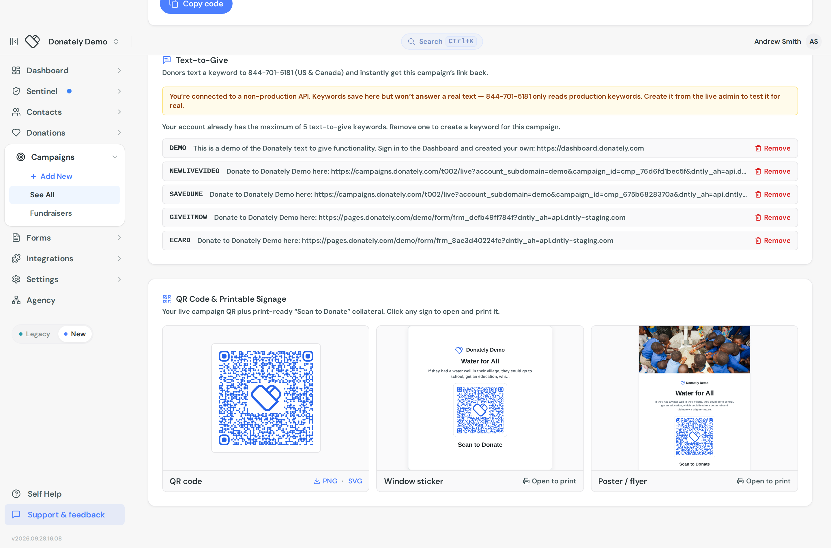 The QR Code and Printable Signage card showing the QR tile with PNG and SVG downloads beside window sticker and poster options