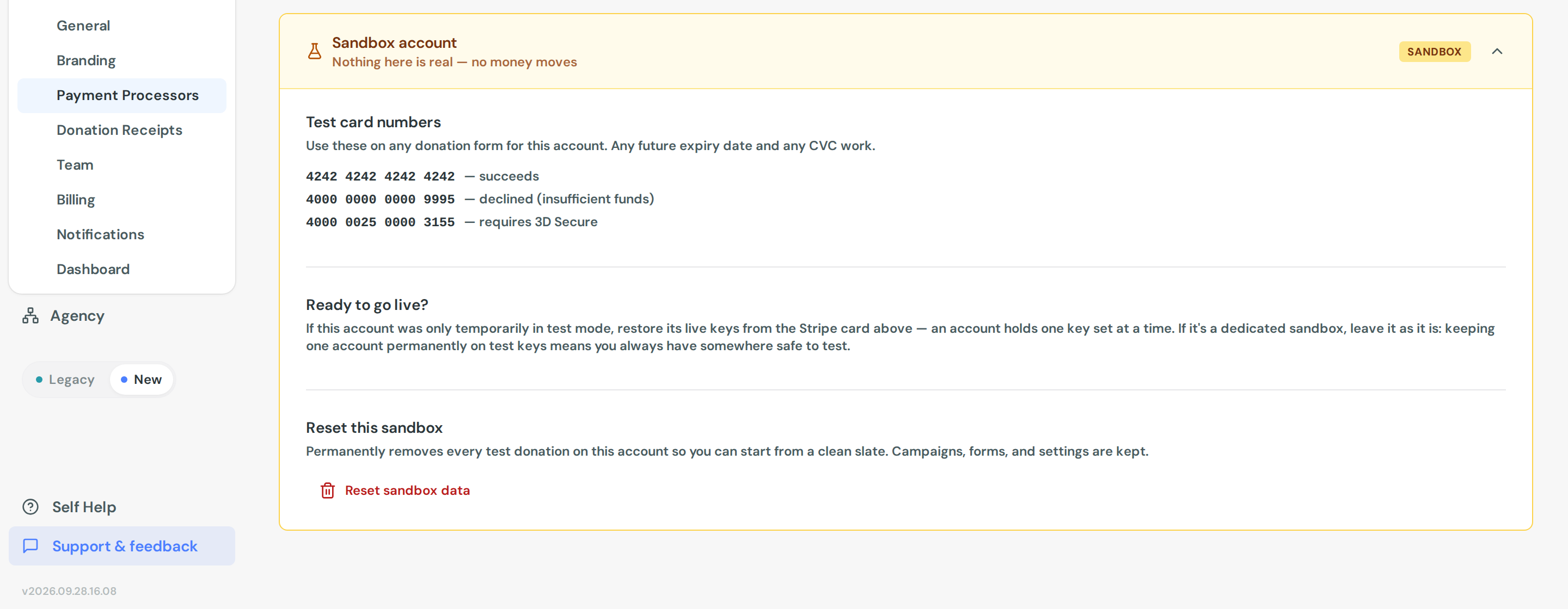 The Sandbox account panel on the Payment Processors page, listing test card numbers and the reset action