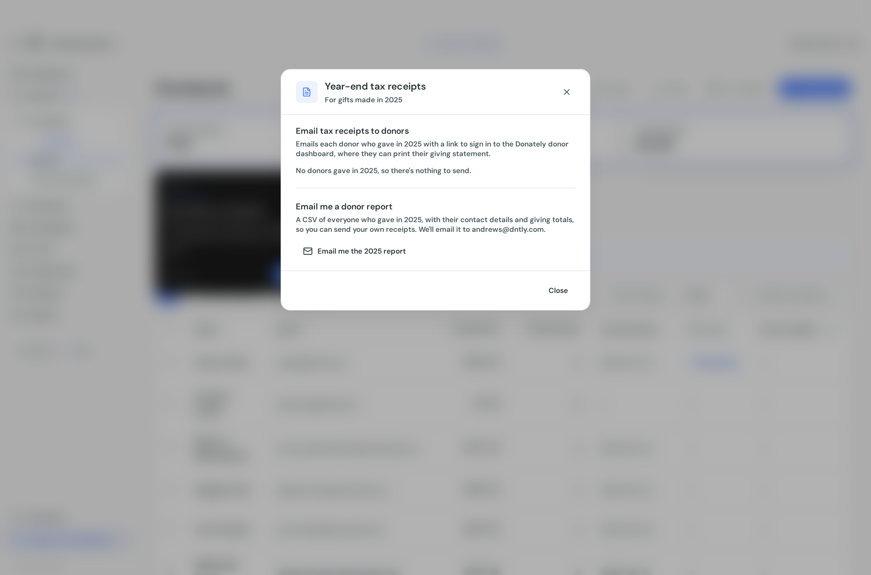 The Year-end tax receipts dialog with its Email tax receipts to donors and Email me a donor report sections