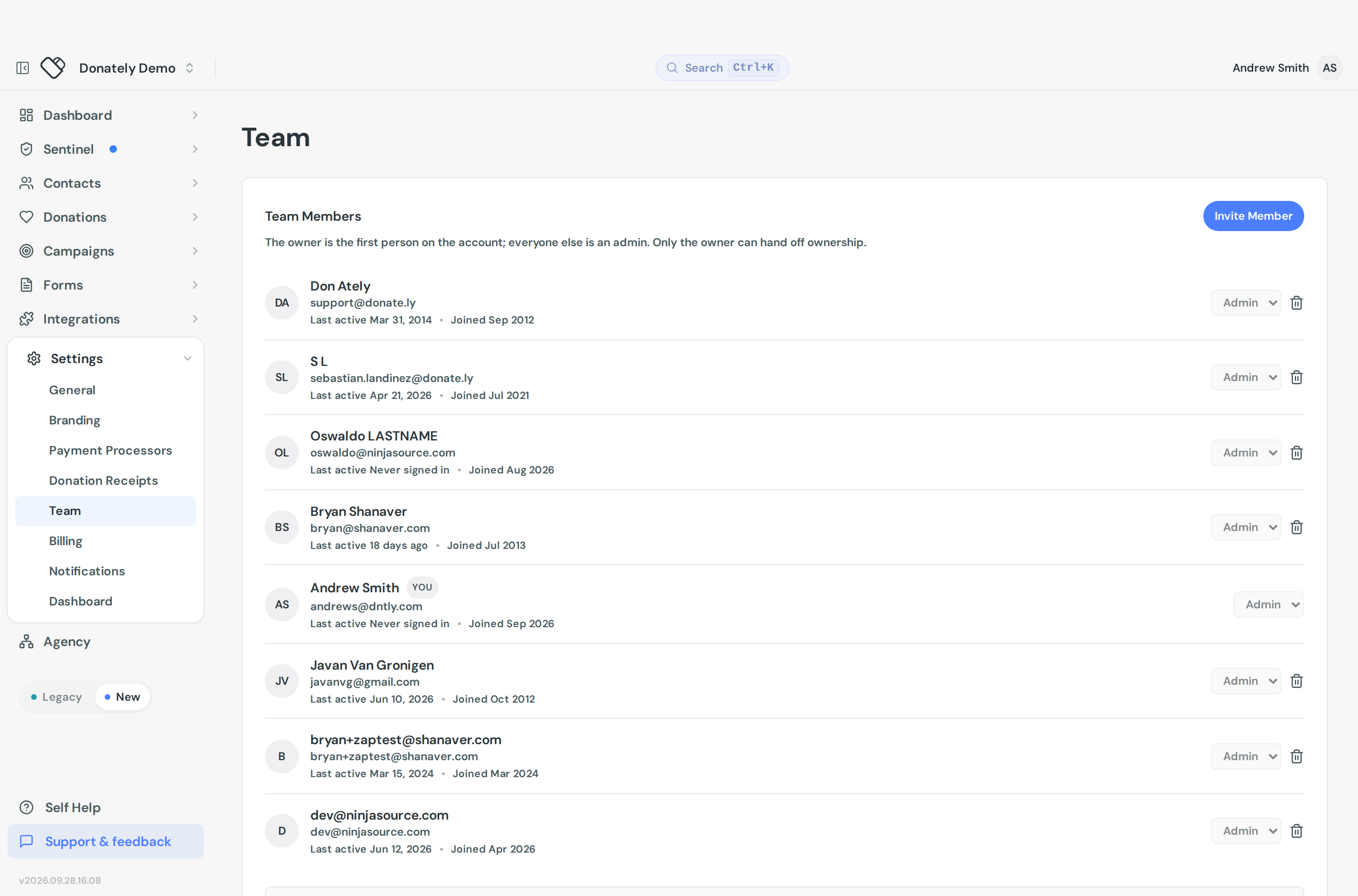 The Team settings page listing team members with their role dropdowns
