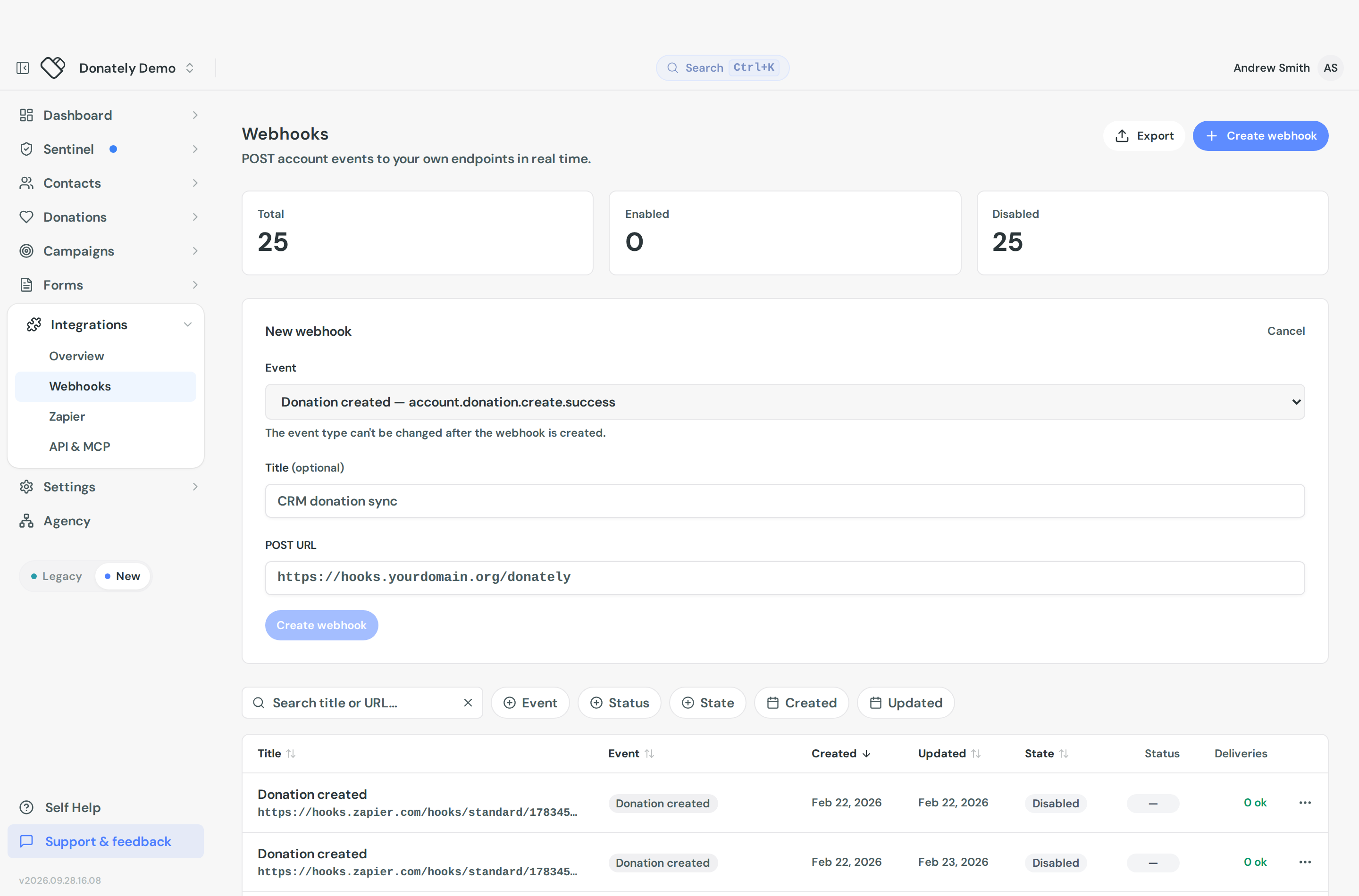 The New webhook form with the Event dropdown, Title and POST URL fields