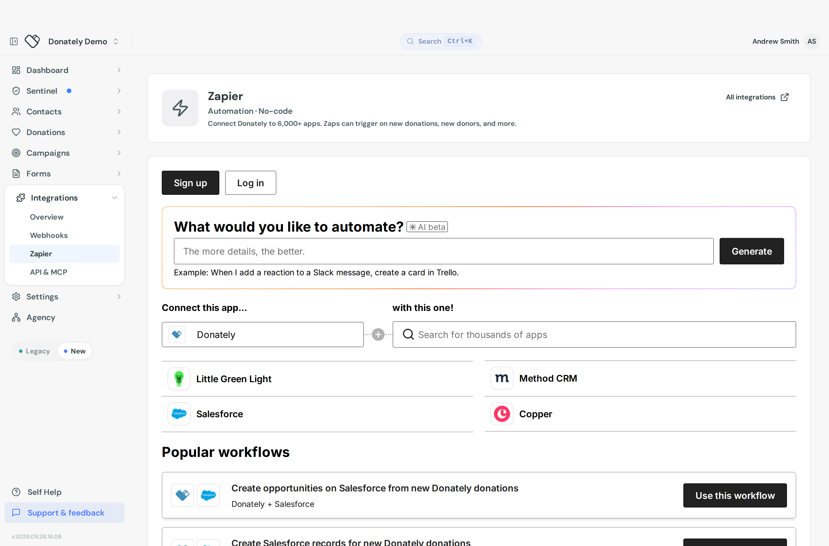 The Zapier page in Donately with the embedded Zapier app browser