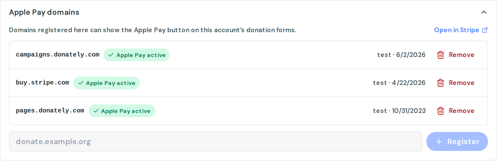 The Apple Pay domains section in Settings, listing registered domains with their status and a field for adding another