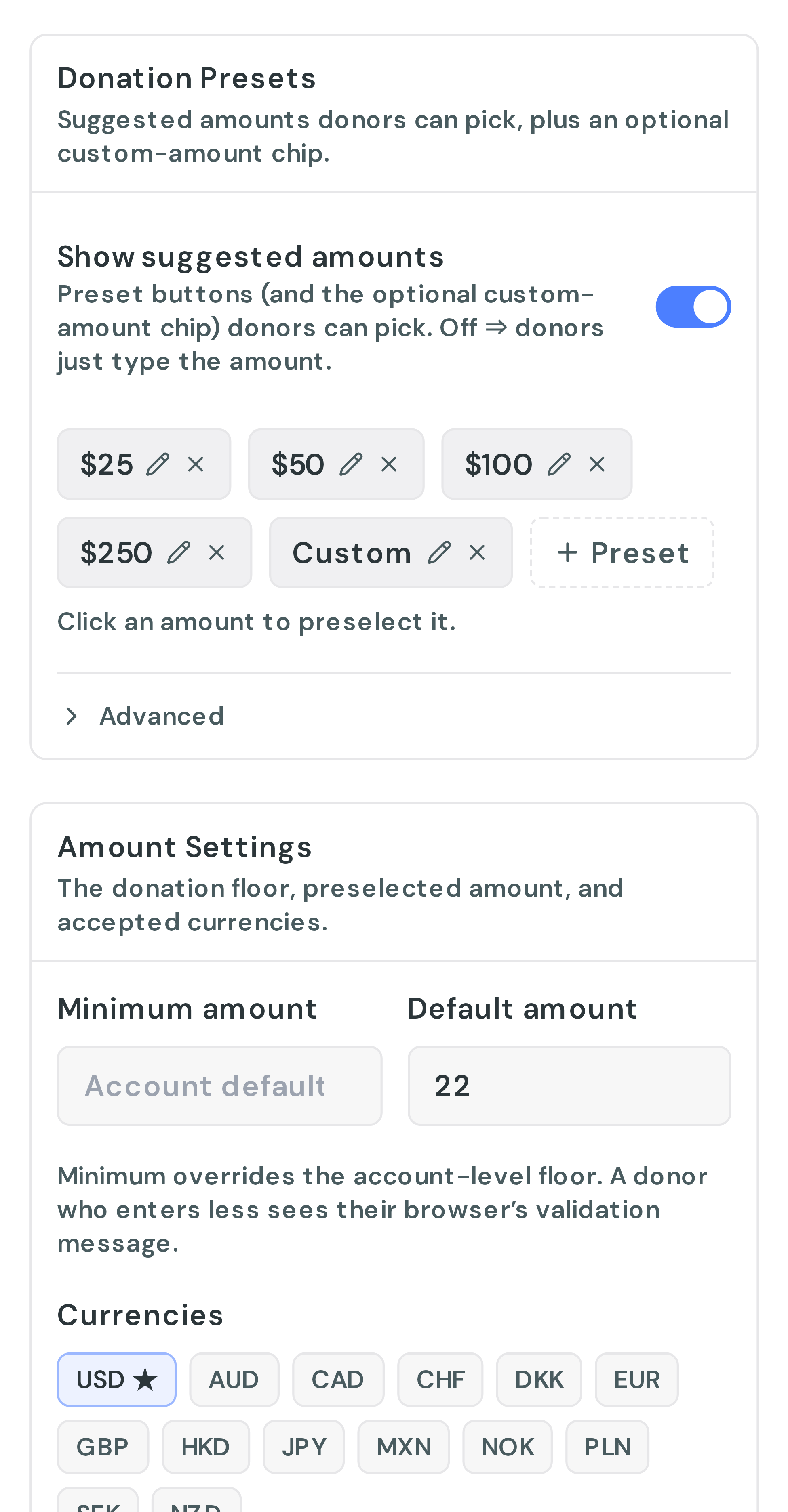 The Amounts section, with donation presets, minimum and default amount, and the currency list