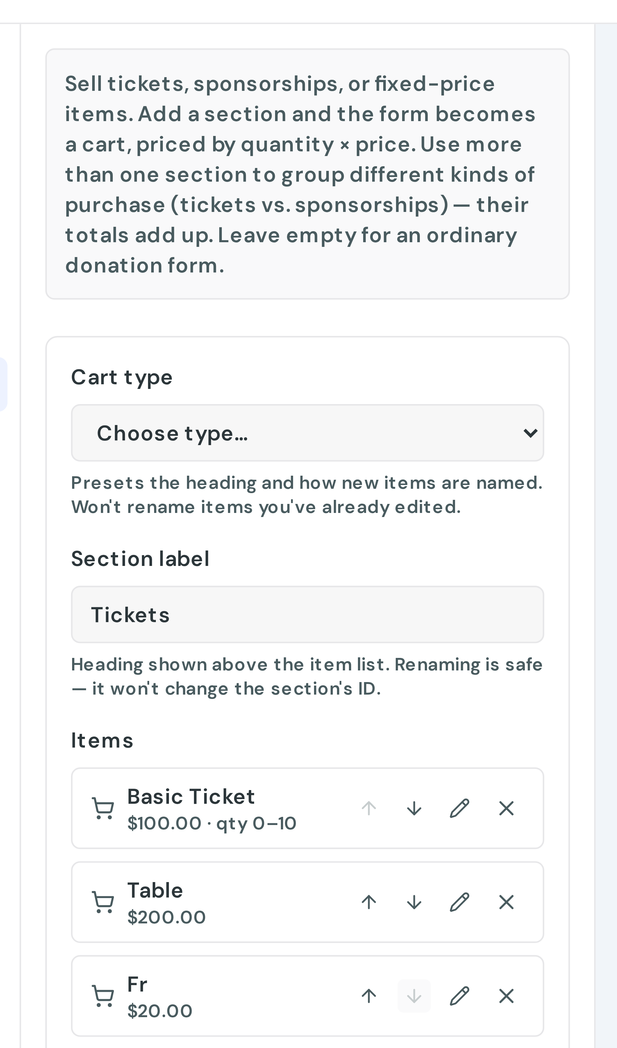 The Cart Items section with a ticket section and its items listed