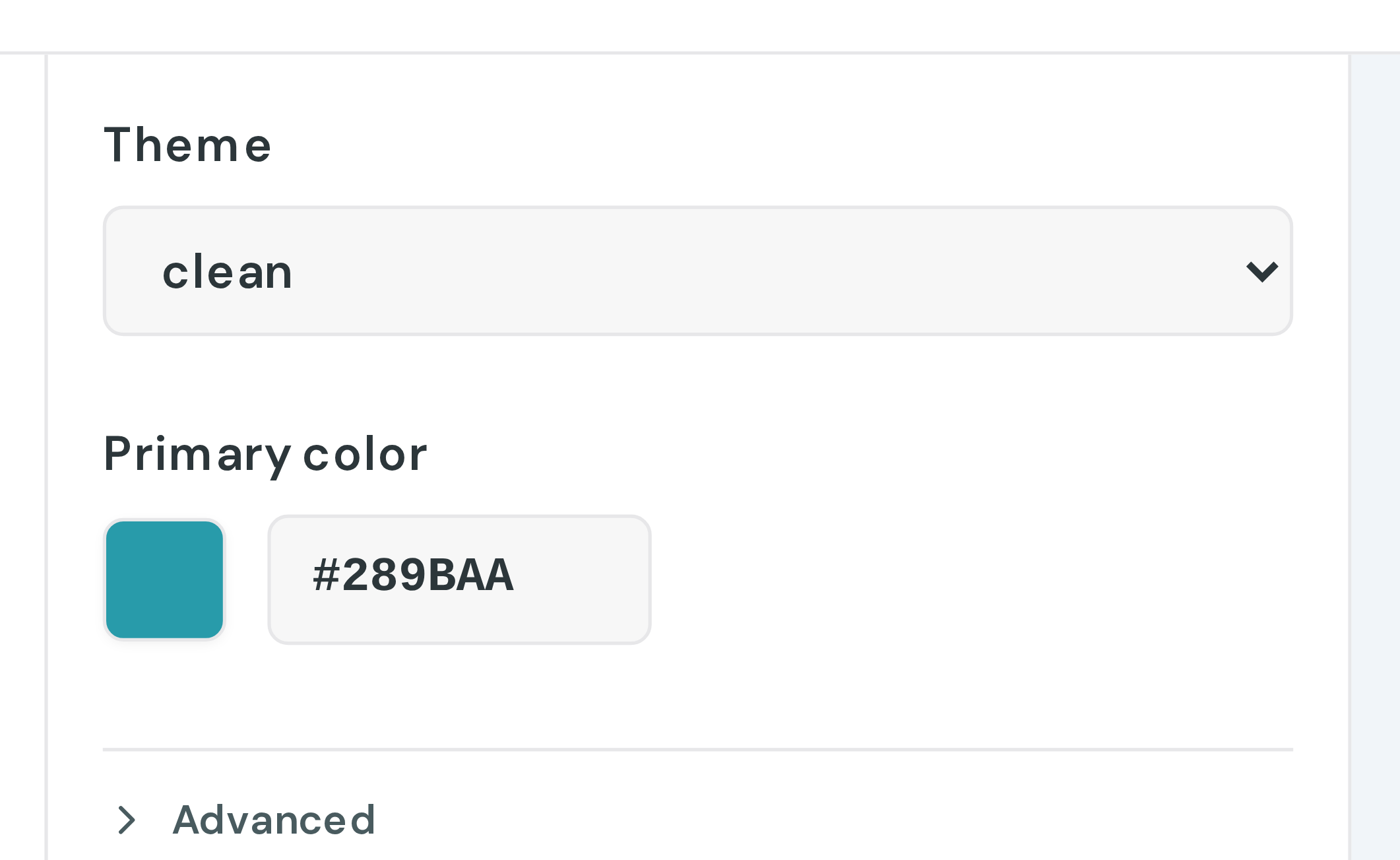 The Design section: a theme picker, the primary color swatch, and an Advanced disclosure