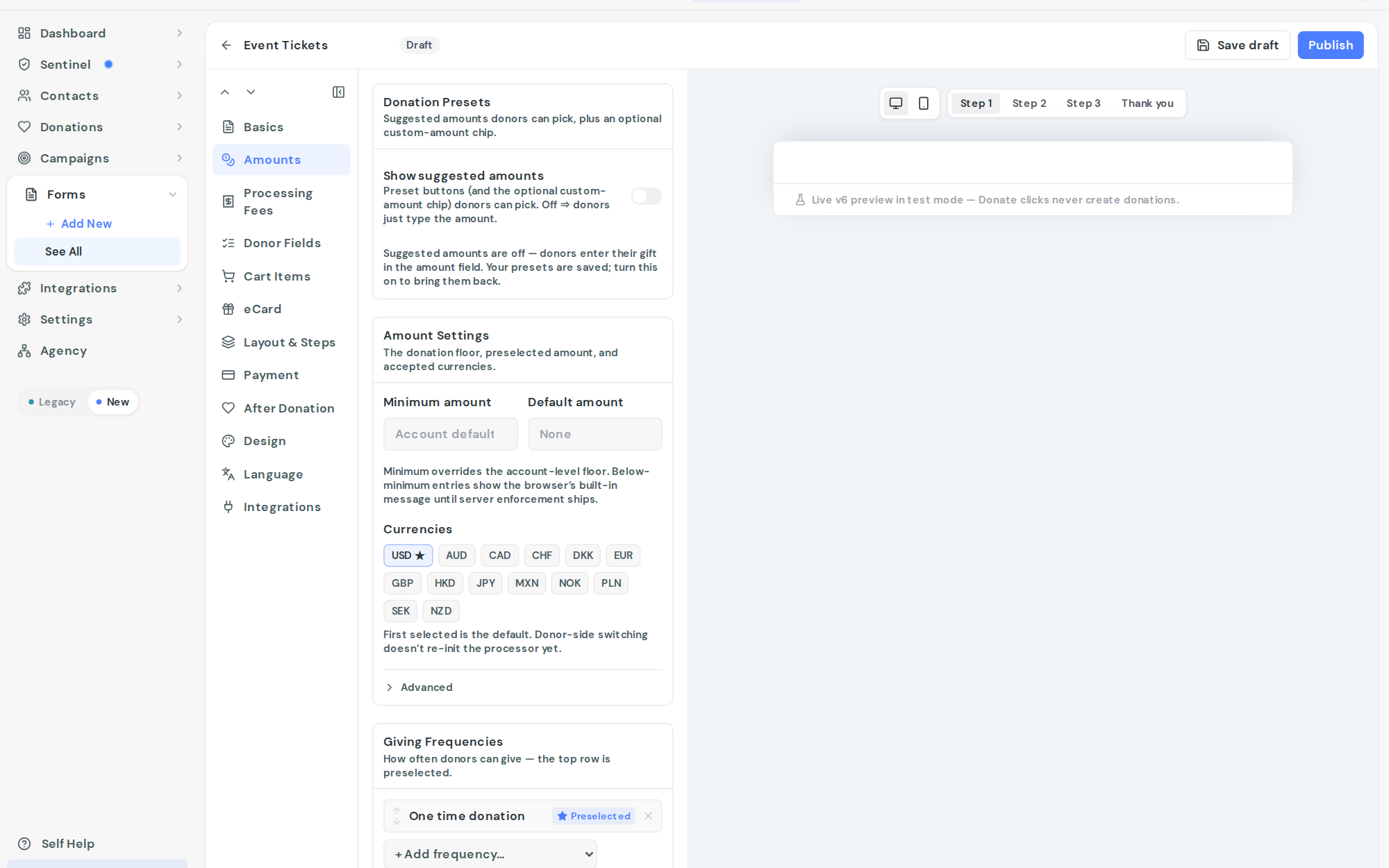 The form builder: section list on the left, settings in the middle, live preview on the right