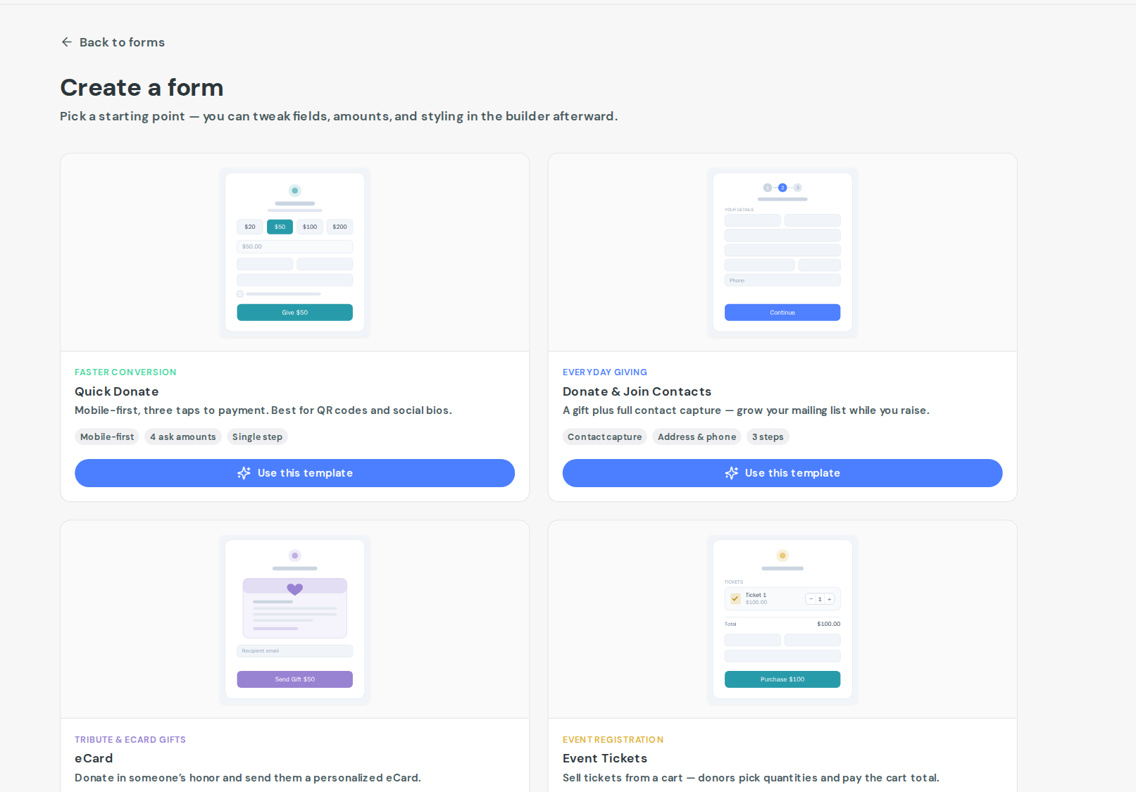 The Create a form screen, offering Quick Donate, Donate & Join Contacts, eCard and Event Tickets templates