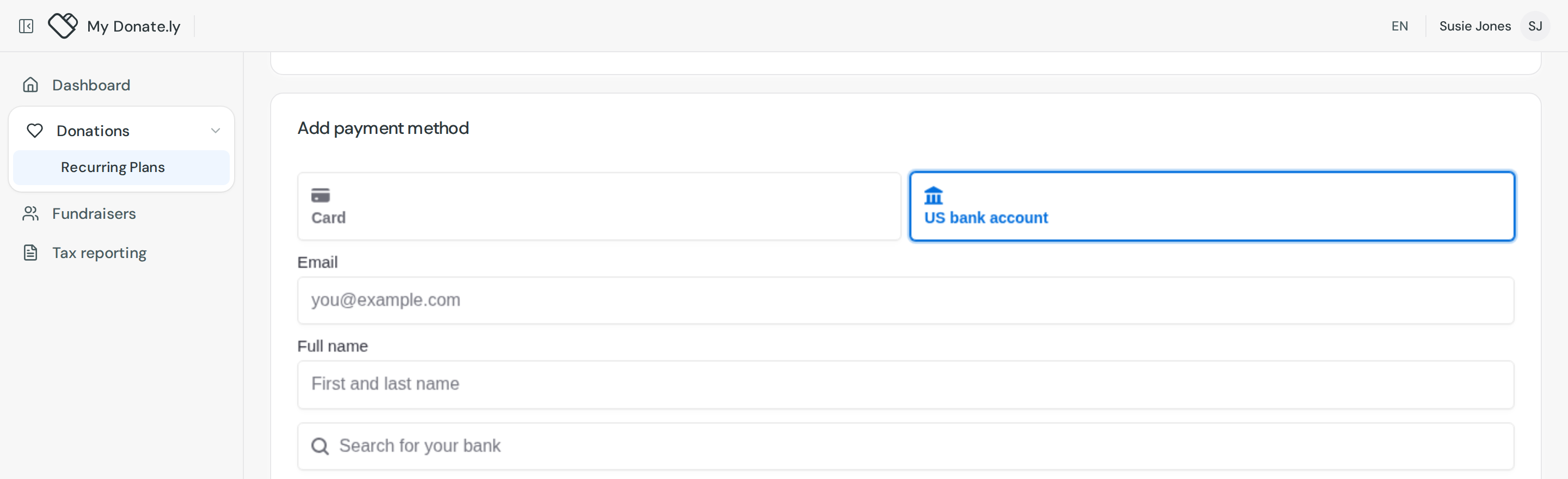 The Add payment method form with Card and US bank account to choose between, and a Search for your bank field