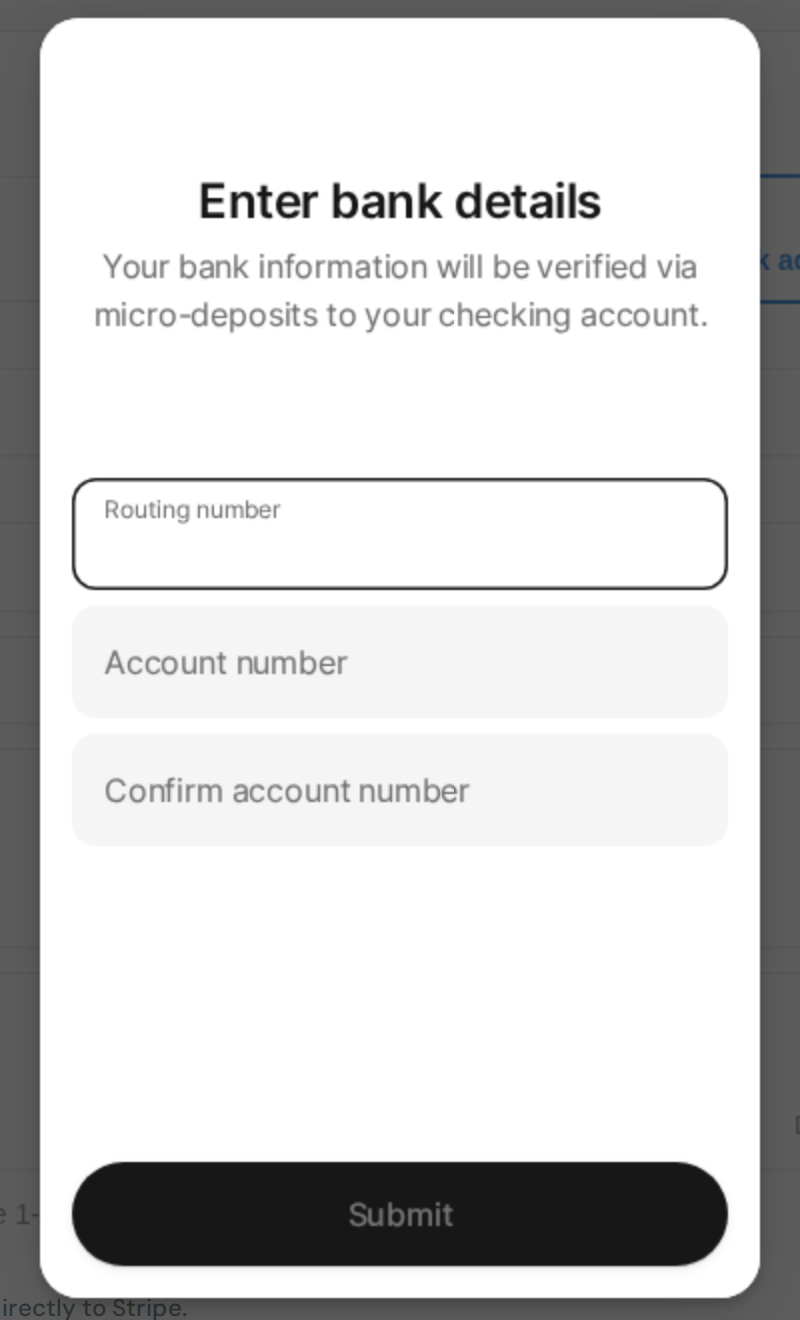 The Enter bank details dialog, asking for a routing number and an account number