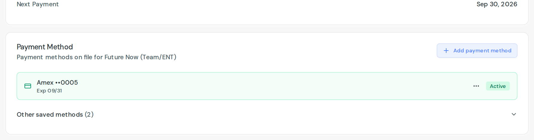 The Payment Method card listing the card a plan is charged to, with an Add payment method button