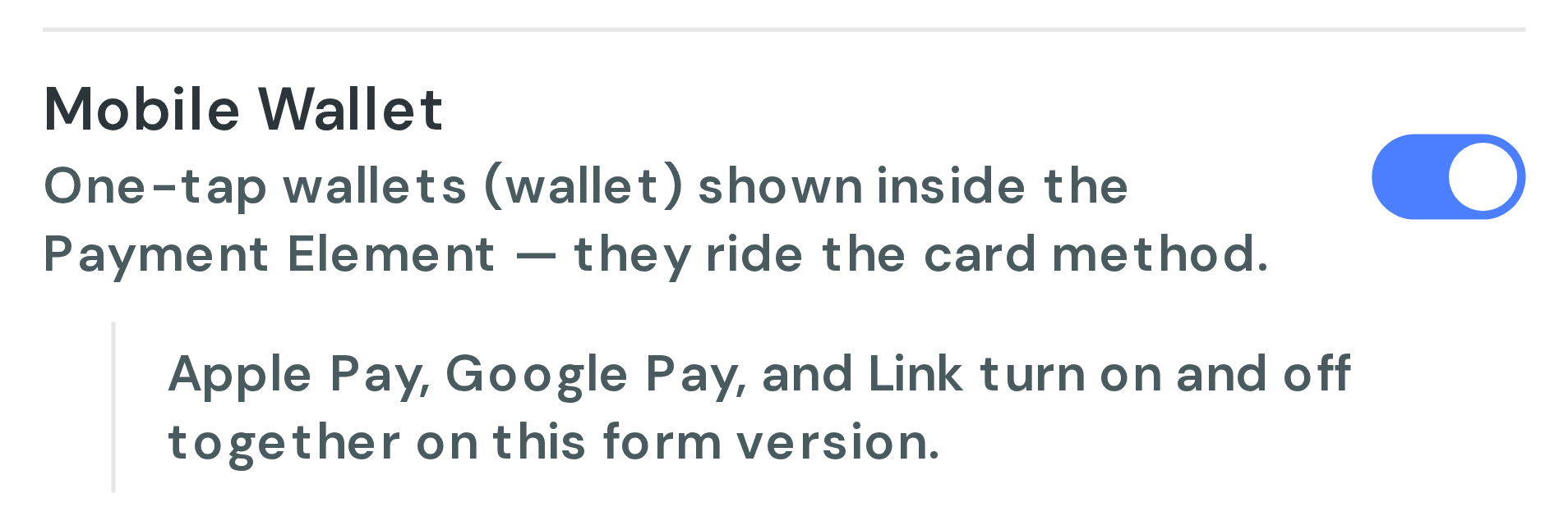 The Mobile Wallet toggle turned on in a form's Stripe payment methods