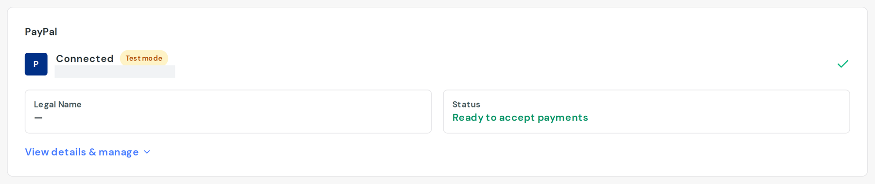 The PayPal card in Settings, showing a status of Ready to accept payments