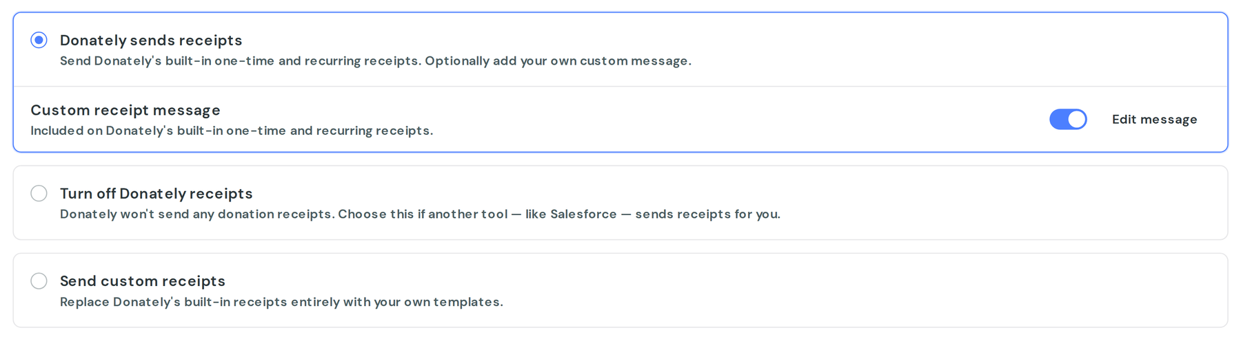 The three receipt modes: Donately sends receipts, turn them off, or send your own custom receipts