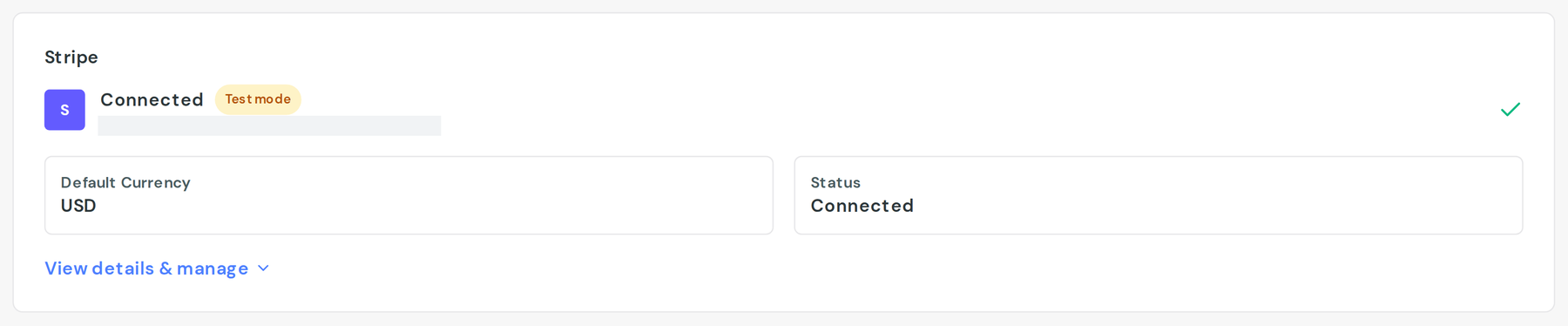 The Stripe card in Settings, showing the connection status and a link to view details